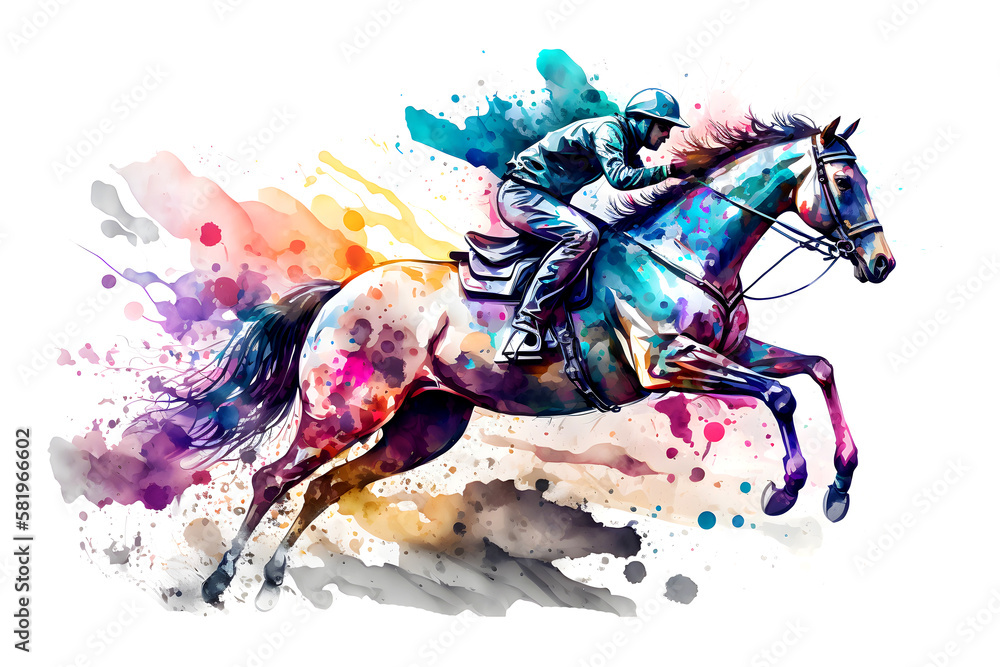 Photo &amp; Art Print Race horse with jockey on watercolor splatter background, mehaniq41