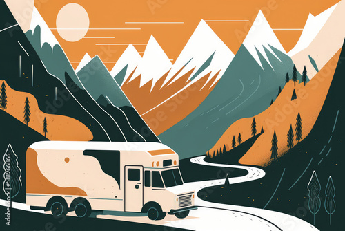 Minimalistic Illustration of a Reliable Delivery Truck on a Serene Mountain Path, generative ai © aicandy