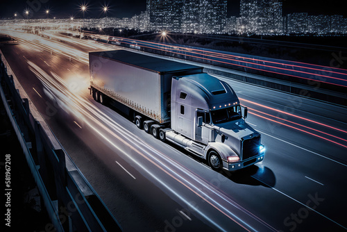 Nighttime Logistics sleek image of a delivery truck driving on a busy highway at night, showcasing the precision and efficiency of modern logistics, generative ai © aicandy