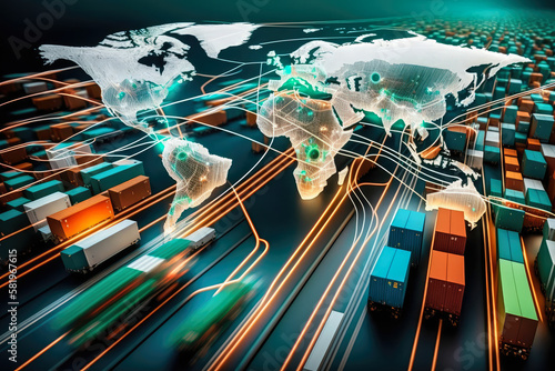 Seamless network of global logistics transportation system with containers moving across the world, generative ai photo