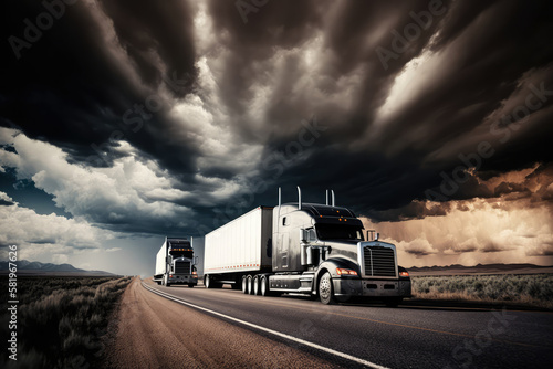 Semi-Trucks on an Open Highway with Dramatic Clouds in the Sky, generative ai