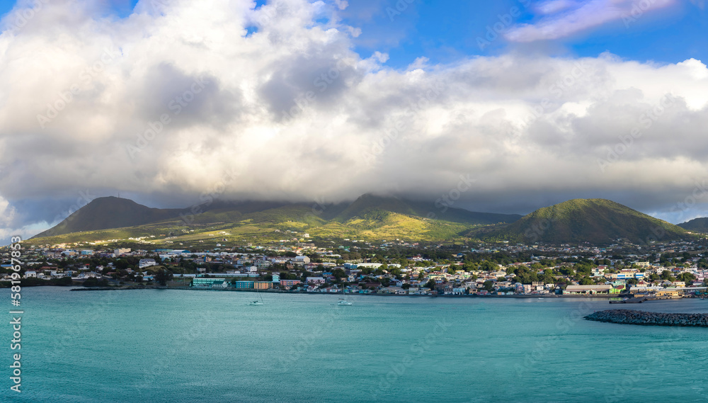 Saint Kitts and Nevis Basseterre scenic panoramic shoreline from cruise ship on Caribbean vacation. Saint Kitts and Nevis Basseterre scenic panoramic shoreline from cruise ship on Caribbean vacation.