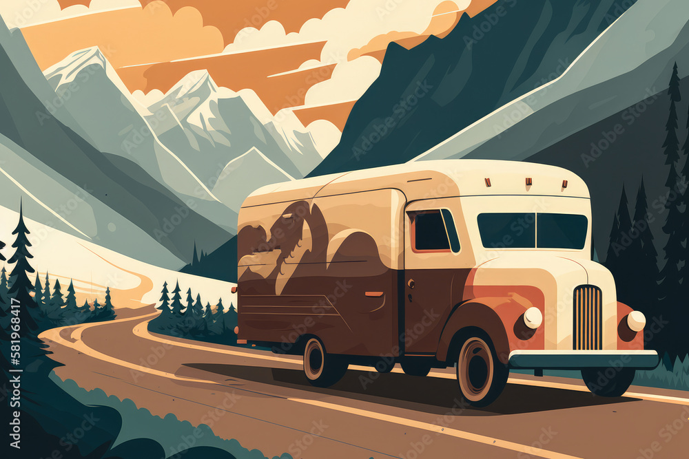 stylized Delivery Truck on Mountain Road, generative ai