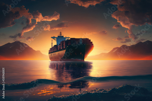 Tranquility and Adventure at Sunset with a Cargo Ship, generative ai