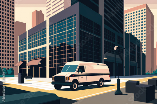 vector-style delivery van parked in front of a modern office building with a bustling city street in the background, generative ai