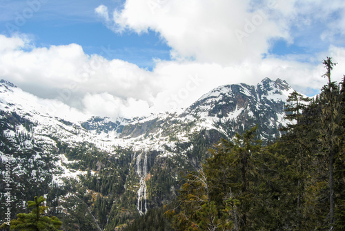 Della Falls as seen from a higher viewpoint in Strathcona Provincial Park, Vancouver Island, BC, Canada