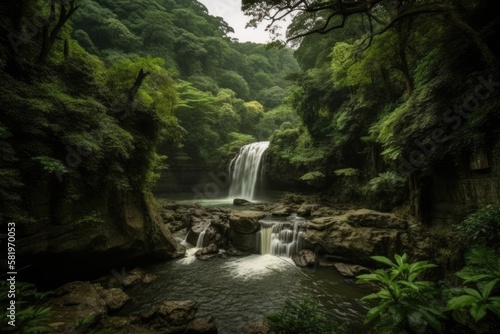 Shifen waterfall in a deep forest in Taiwan. Generative AI