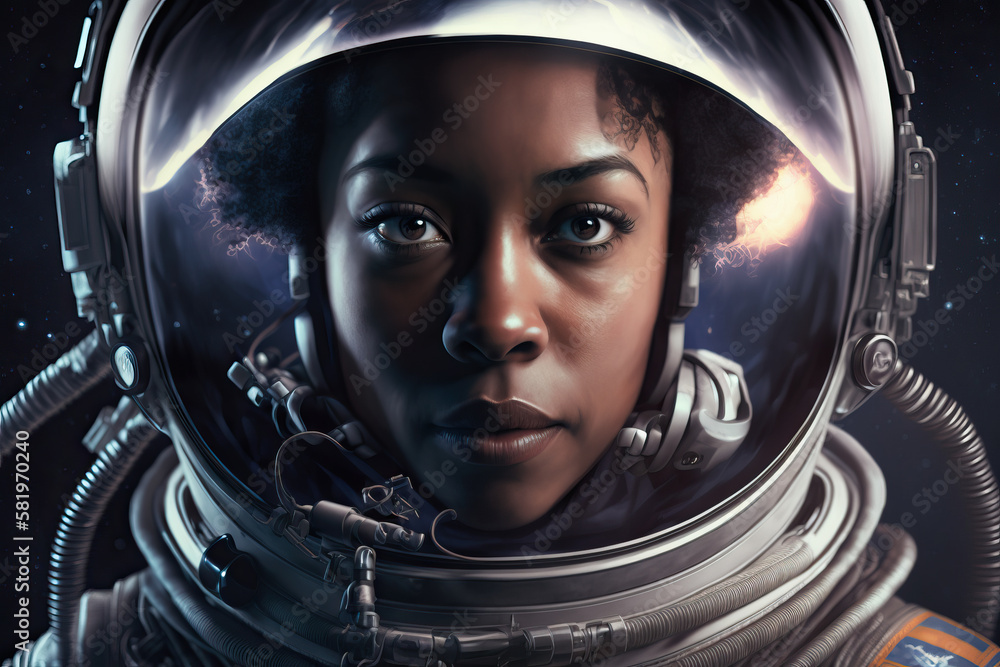Portrait of female astronaut in outer space, generative ai Portrait of female astronaut in outer space, generative ai
