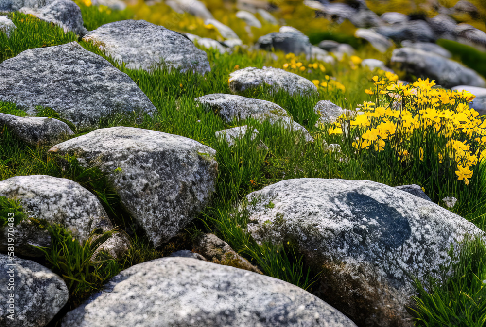 Extreme Close Up Rocks on a Grassy Hill Side with Yellow Flowers Generative AI illustration