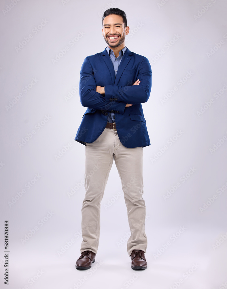 Crossed arms, smile and portrait of man in studio with positive mindset, happy and confidence. Corporate, business and isolated male standing as professional with pride on white background mockup Crossed arms, smile and portrait of man in studio with positive mindset, happy and confidence. Corporate, business and isolated male standing as professional with pride on white background mockup