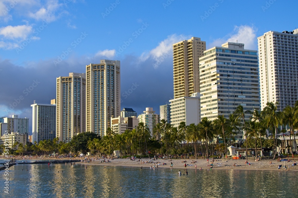 High-rise hotels rise above Honolulu's famous Waikiki neighborhood