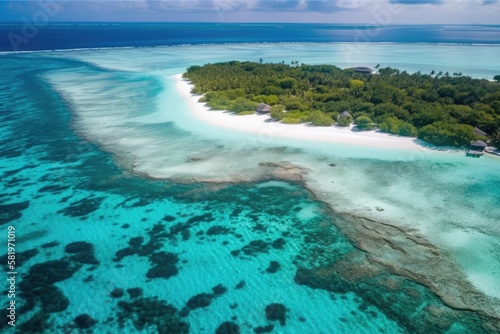 Shoreline in the Maldives as seen from Above in a Drone Image. White sand beach and crystal clear, bright blue water. lovely tropical island paradise. Summertime and travel holidays. Generative AI