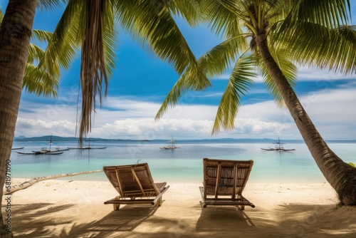 For a beach relax banner, a tropical beach nature summer scene with lounge chairs and palm trees is used. Beautiful vacation or holiday destination with a luxury travel landscape. couple scenic beach © AkuAku