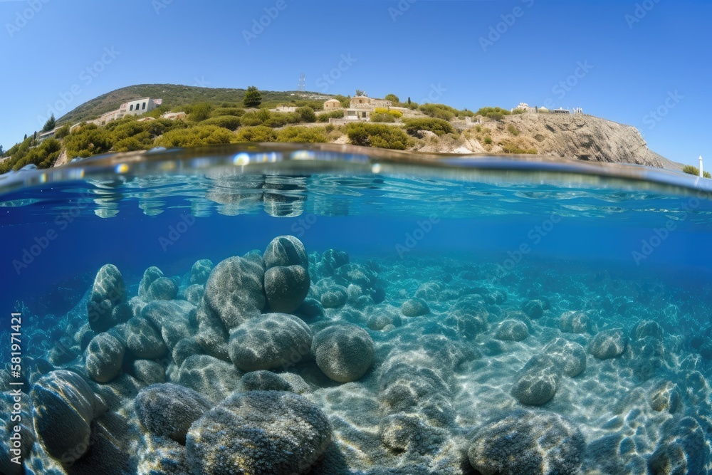 Split view over and below the water's surface, with the blue sky and air bubbles in the Mediterranean Sea. Generative AI