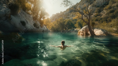 A Refreshing Escape: A Woman's Serene Swim in a Turquoise Paradise, Generated by Generative AI
