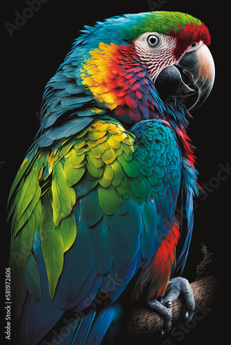 Colorful parrot on black background. isolated. Generative AI