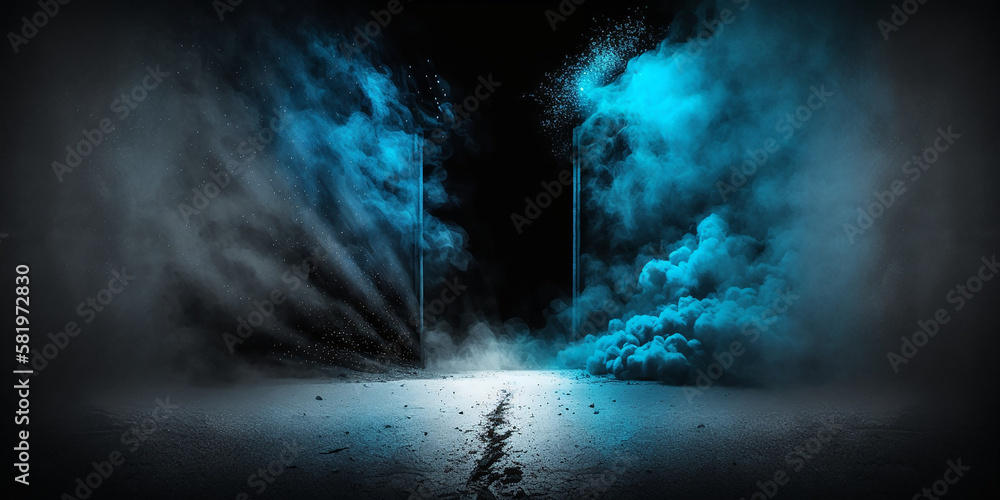 Dark street, abstract dark blue background,  The concrete floor and studio room with smoke float up the interior texture for display products