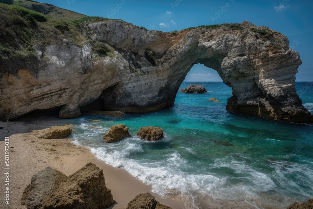 On the seashore, there is an arched rock. beautiful seaside scenery. Generative AI