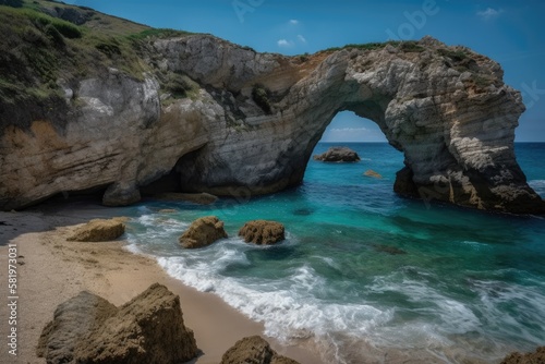 On the seashore, there is an arched rock. beautiful seaside scenery. Generative AI