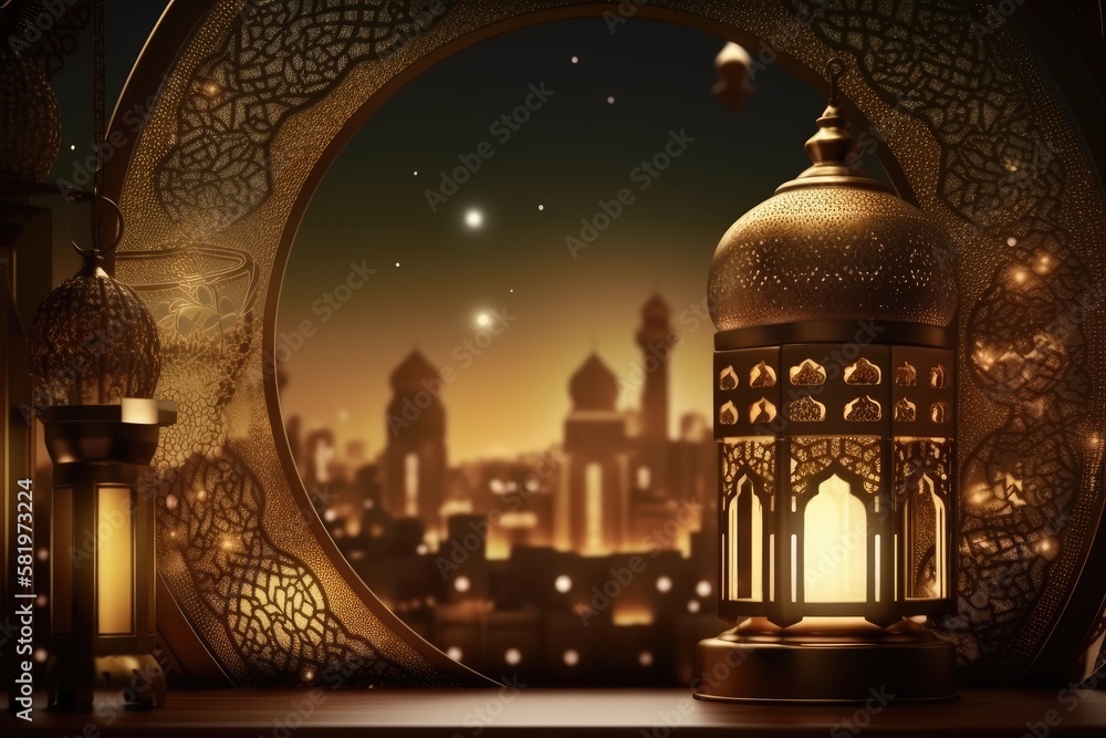 Ramadan Kareem podium. Glowing lantern on the background of the old city and mosque. Luxurious golden moon with islamic ornament. Generative AI