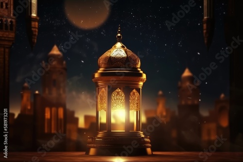 Ramadan Kareem podium. Glowing lantern on the background of the old city and mosque. Luxurious golden moon with islamic ornament. Generative AI