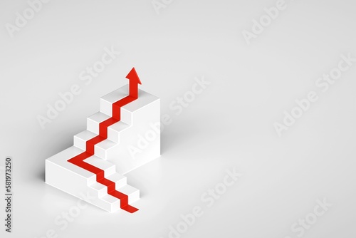 Red arrow up with white stair on white background  3D arrow climbing up over a staircase   3d stairs with arrow going upward  3d rendering