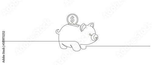 One continuous line drawing of piggy bank with dollar coin. Safe money symbol and business finance concept in simple linear style. Editable stroke. Doodle vector illustration