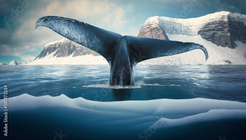 Whale tail breaching the ocean surface. Generative ai. V1.