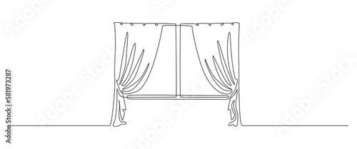 One continuous line drawing of window with curtains. Concept of living room interioa with drape cloth in simple linear style. Editable stroke. Doodle contour vector illustration