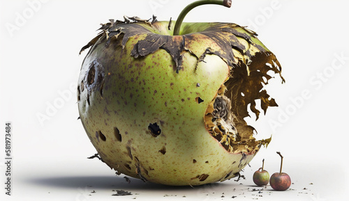 One bad apple spoils the bunch. A rotting apple on white background Generative Ai. V2 photo