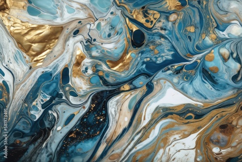 marble background with an abstract design texture marbling in digital art. White, gold, and blue are examples of colors. Generative AI