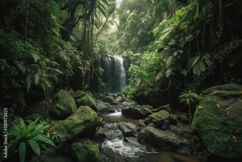 waterfall scenery Tropical rainforest contains a stunning hidden waterfall. Jungle River Asia travel and adventure. Sambangan, Bali's Canging Waterfall. Motion photography with a slow shutter speed