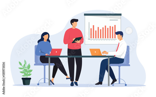 Business meeting team conference in office room. Flat character on presentation conference illustration,  presenting charts and reports. Employees meeting at business training, seminar or conference.