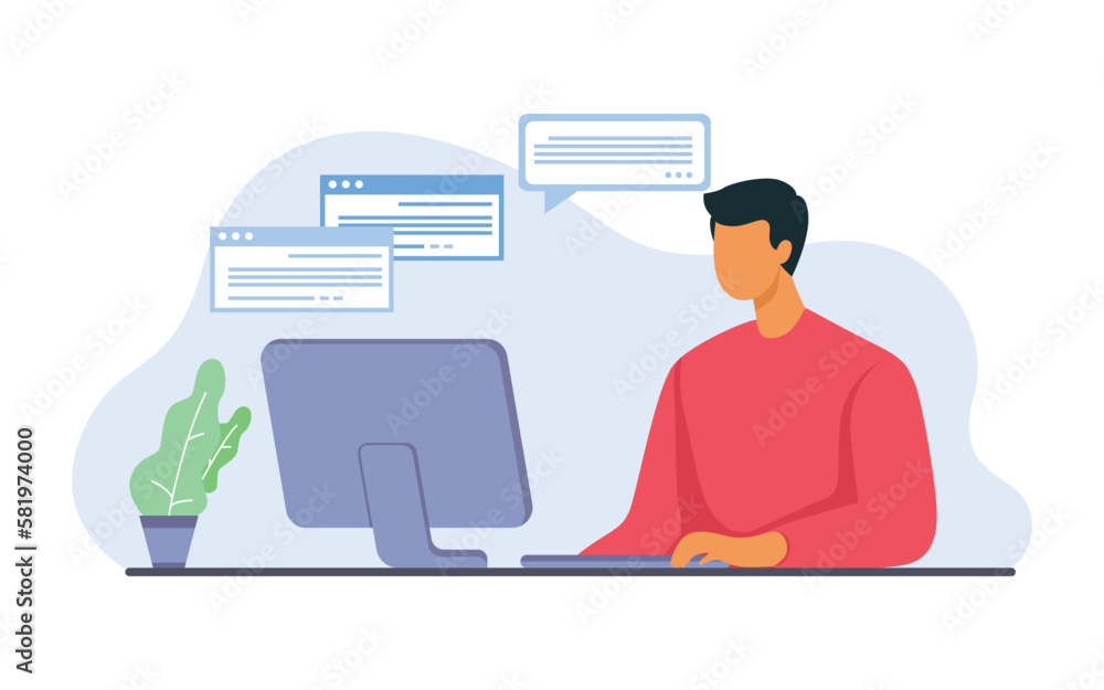 A man using computers for work or chat. Internet communication concept for banner, website design or landing web page. Vector illustration for business, workplace, communication concept. A man using computers for work or chat. Internet communication concept for banner, website design or landing web page. Vector illustration for business, workplace, communication concept.