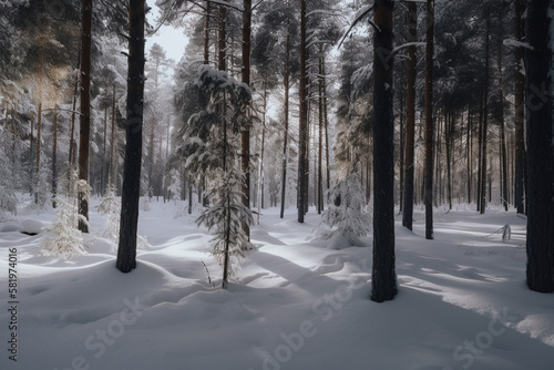 snow covered trees in the forest Generative AI, 