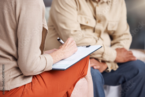 Fotografie Retirement home survey, form application and woman hand writing resident information at meeting