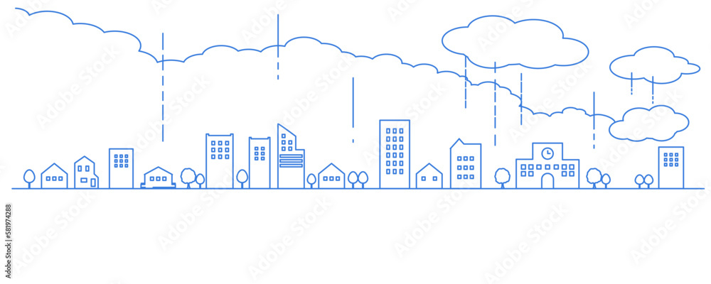 横長のシンプルな街並みと雲と雨の線画　シルエットイラスト素材　背景イラスト　都市景観