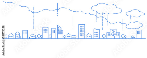 横長のシンプルな街並みと雲と雨の線画　シルエットイラスト素材　背景イラスト　都市景観