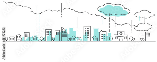 雨が降るシンプルな街並みのシルエットイラスト素材　背景イラスト　都市景観
