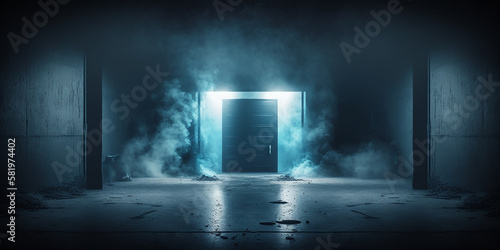 A dark empty street  dark blue background  an empty dark scene  neon light  spotlights The asphalt floor and studio room with smoke float up the interior texture.