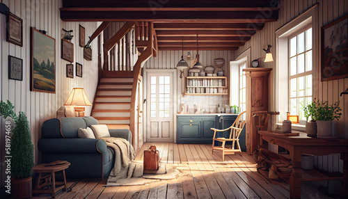 cozy interioir of a farmhouse living room by generative ai