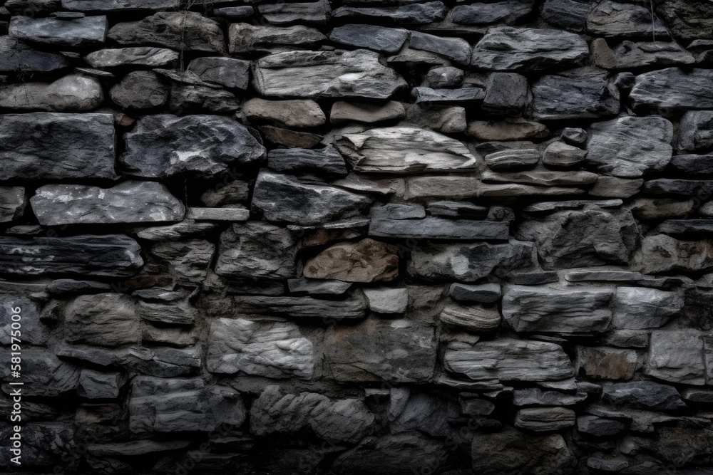 large panoramic texture of an old black stone wall. Dark background of brickwork made of coarsely broken rock. Abstract background in dark gray. Generative AI large panoramic texture of an old black stone wall. Dark background of brickwork made of coarsely broken rock. Abstract background in dark gray. Generative AI