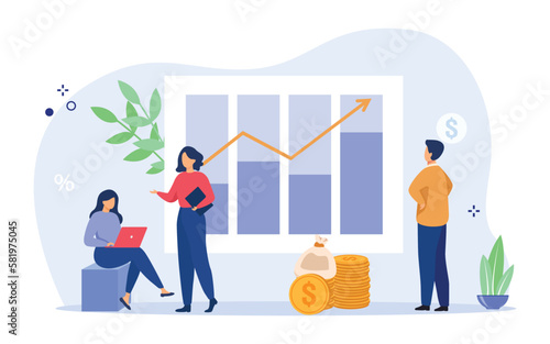 Managers presenting and analyzing sales growth chart. Workers with bar diagrams with arrow and heap of money. Business success, finance, marketing, profit concepts. Vector illustration.