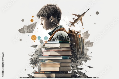 Knowledge and science boy with books artistic graphic collage - Generative AI illustration