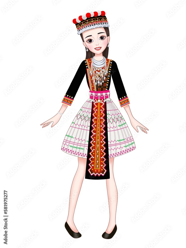 Illustrated Hmong woman wearing traditional Hmong costume