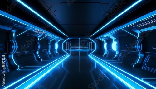 Blue White Led Lights Sci Fi Futuristic Modern Spaceship Dark Tunnel Corridor. Generative ai © fadillah