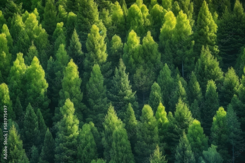 Green leafy forest treeline against a vivid background. Natural minimalism concept. Lay flat. Generative AI Green leafy forest treeline against a vivid background. Natural minimalism concept. Lay flat. Generative AI