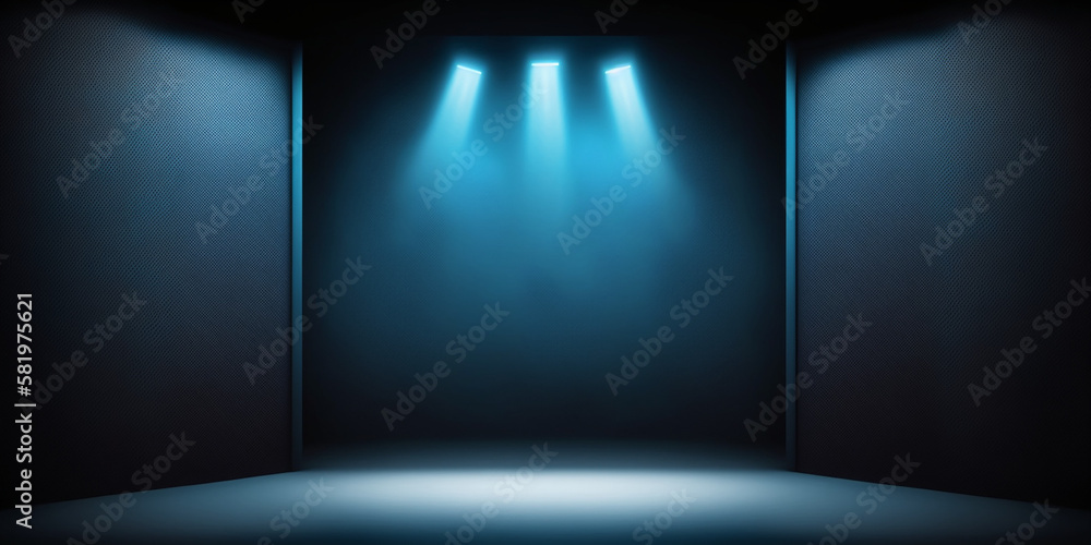 Empty dark abstract dark blue background, Rays of neon light in the dark, spotlights and and studio room with smoke float up interior texture for display products wall background Empty dark abstract dark blue background, Rays of neon light in the dark, spotlights and and studio room with smoke float up interior texture for display products wall background
