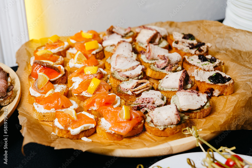 finger food, catering concept close up of delicious bruschetta with