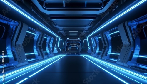 Blue White Led Lights Sci Fi Futuristic Modern Spaceship Dark Tunnel Corridor. Generative ai